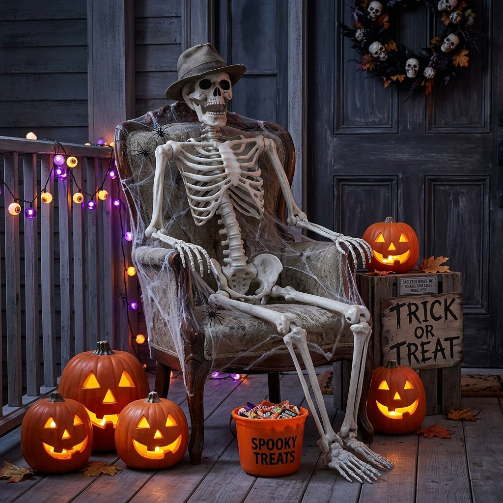 Life size Halloween skeleton standing for spooky decoration