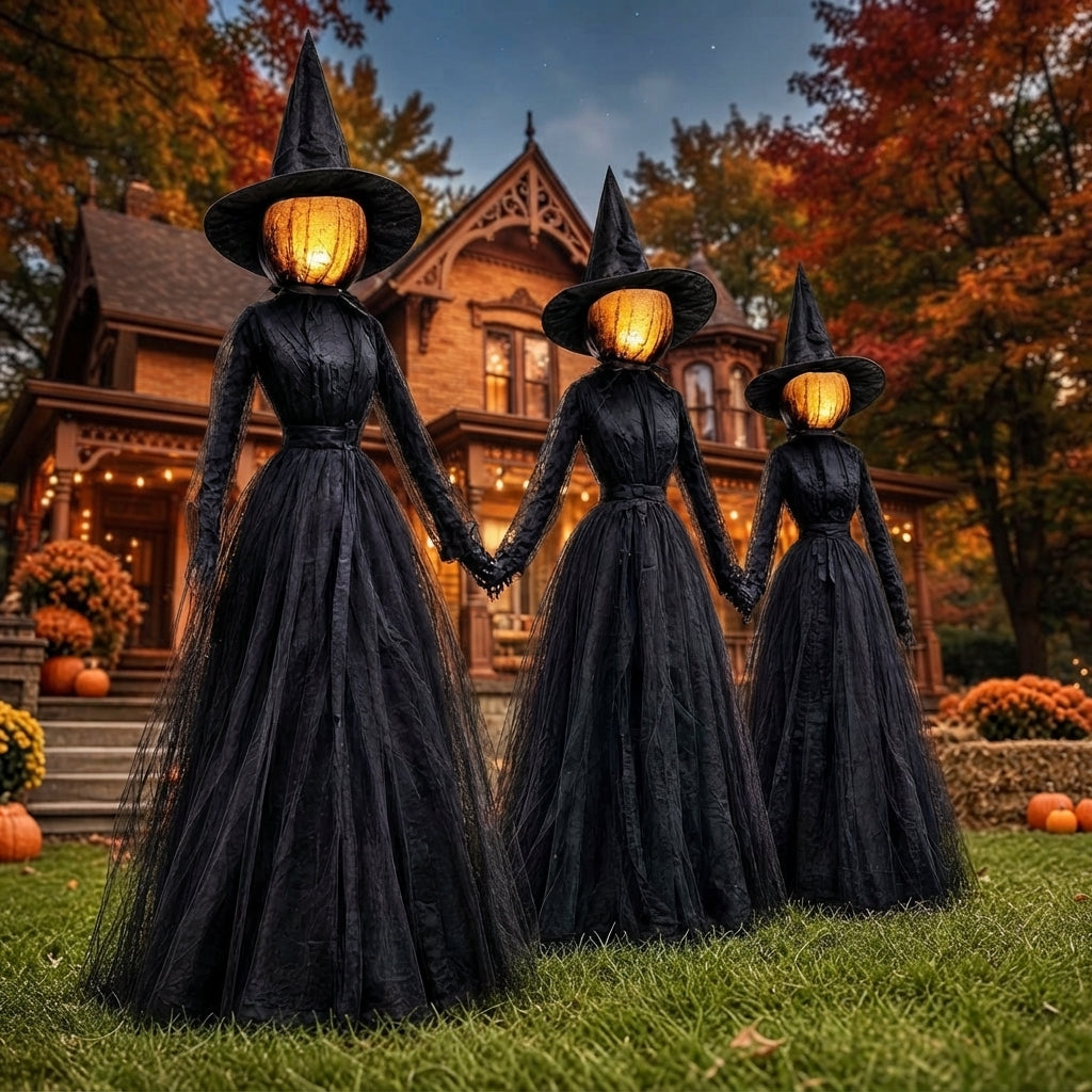 Black fabric Halloween witches with glowing facial lights