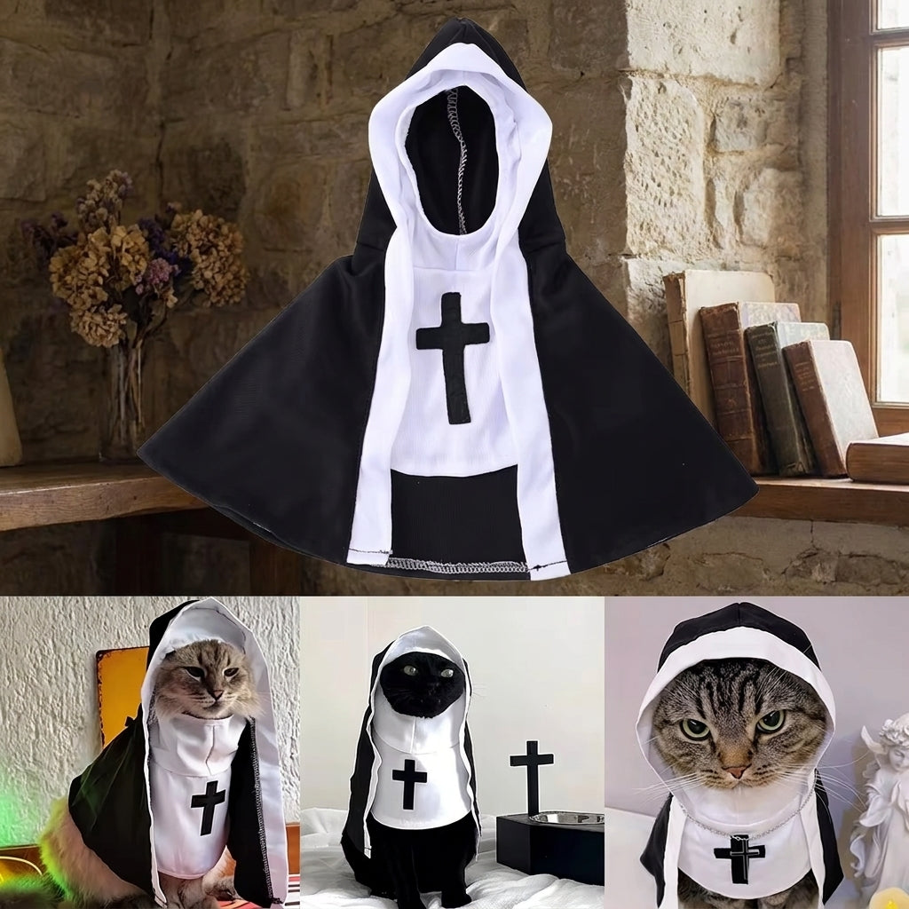 Halloween cat nun costume with black religious-themed outfit