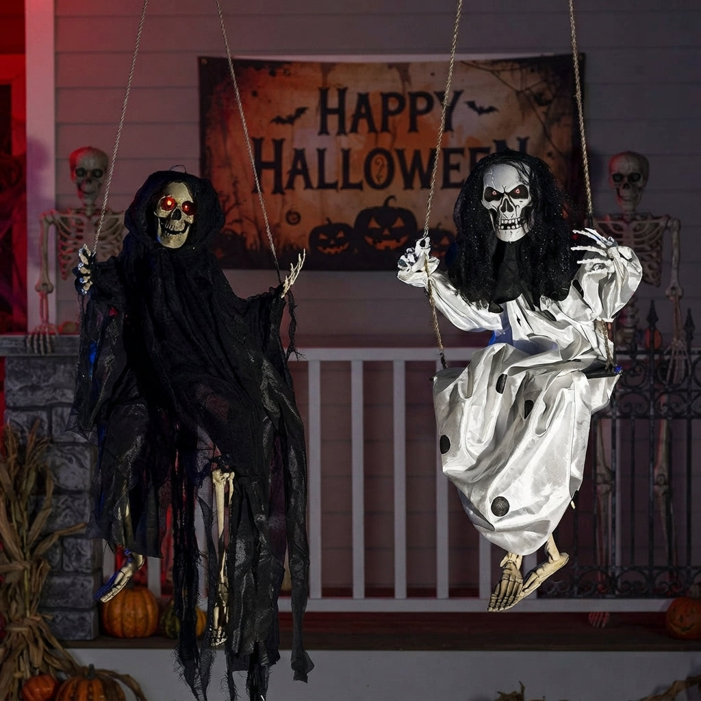 Glowing LED Halloween decorations hanging from a tree