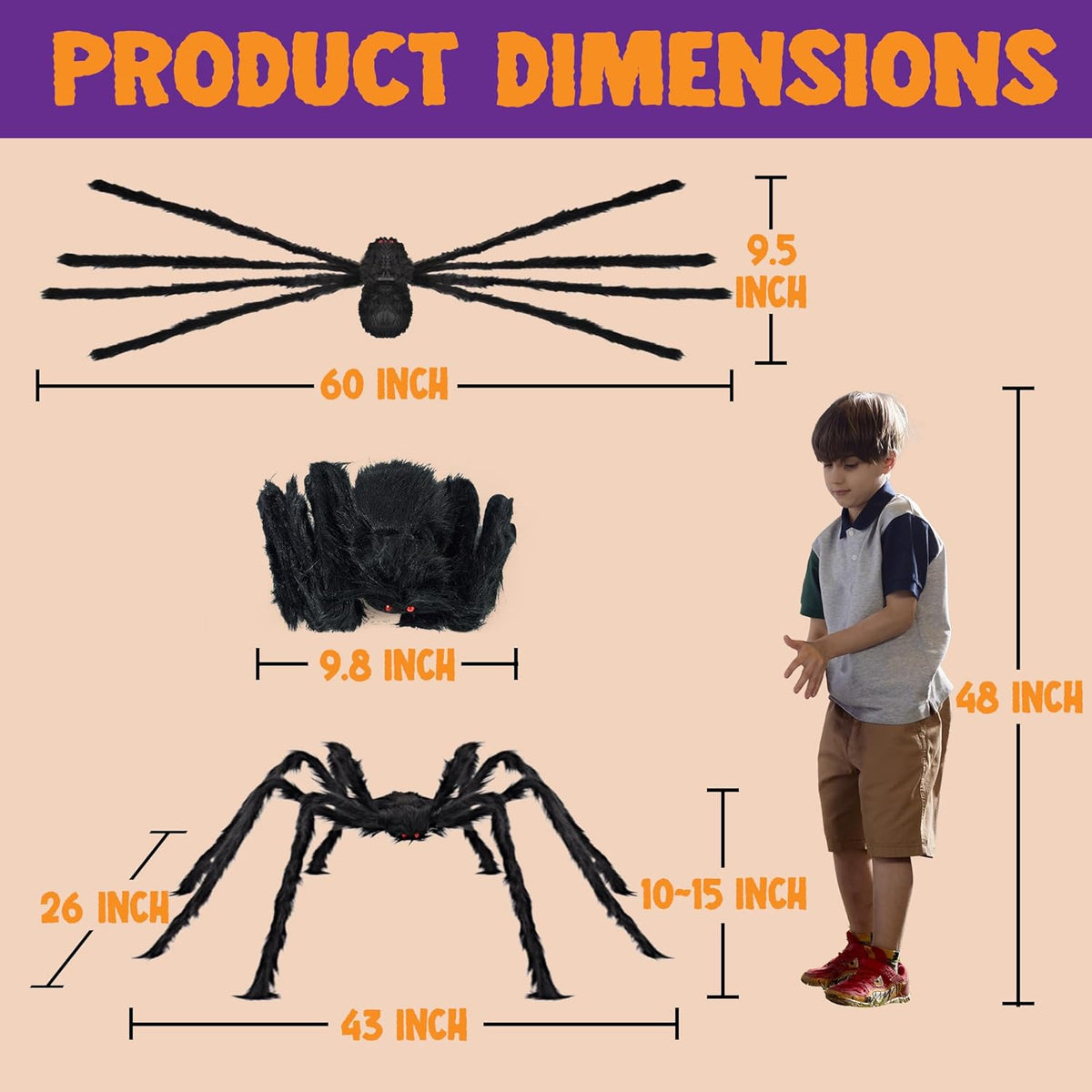 5 ft black Halloween spiders with adjustable metal legs