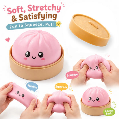 Two dumpling squishies in bamboo steamer packaging with assorted colors