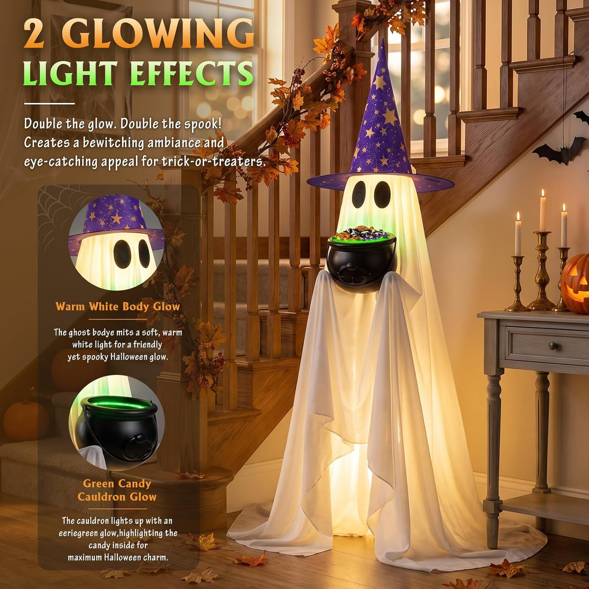 Lighted Halloween candy ghost with cauldron for porch and yard decoration
