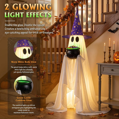 Lighted Halloween candy ghost with cauldron for porch and yard decoration