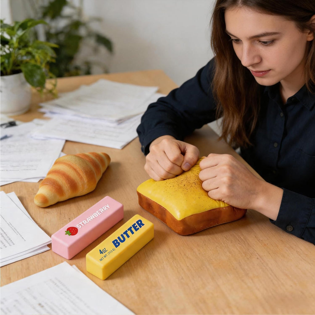 Four assorted food-shaped squishy toys for desk use and sensory play