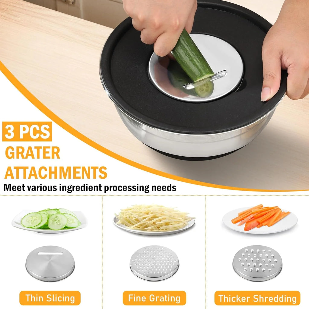 16 Pieces Mixing Bowls with Lids Set, 3 Grater Attachments, Non-Slip Silicone Base Stainless Steel Mixing Bowl Set, Sizes 4.5, 4, 3.5, 2.1, 1.5, 1.1, 0.7 Qt for Kitchen, Black