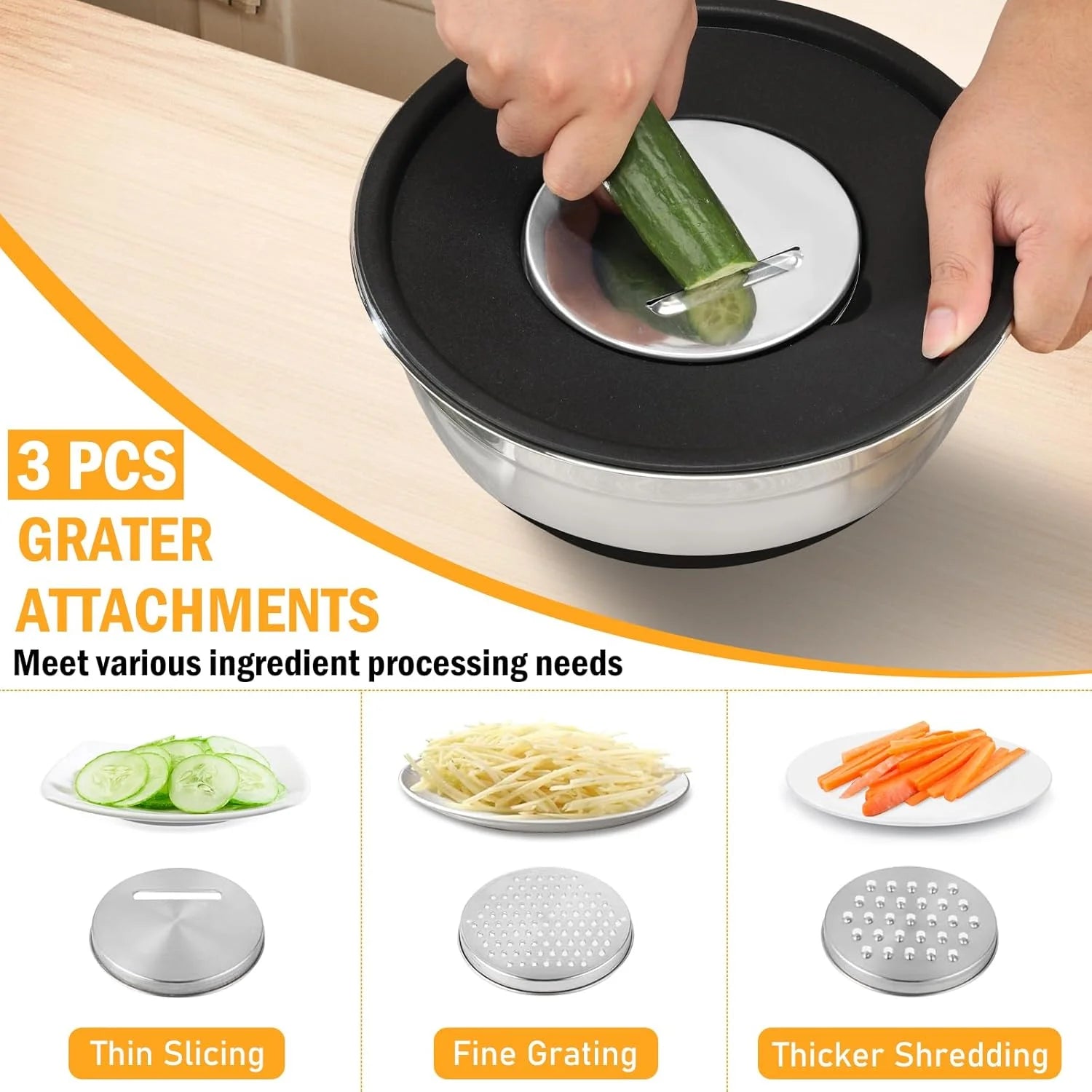 16 Pieces Mixing Bowls with Lids Set, 3 Grater Attachments, Non-Slip Silicone Base Stainless Steel Mixing Bowl Set, Sizes 4.5, 4, 3.5, 2.1, 1.5, 1.1, 0.7 Qt for Kitchen, Black