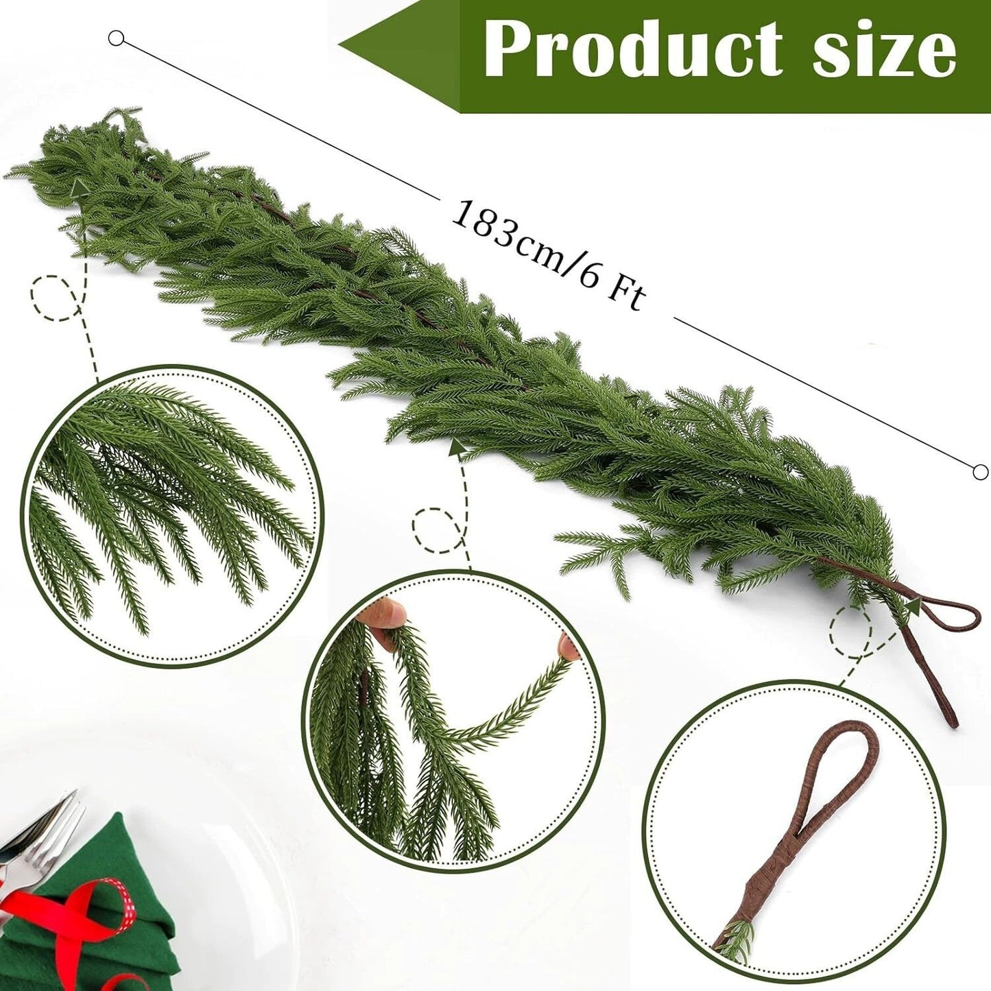 LED Christmas Norfolk Pine Garland Artificial Real Touch Garland for Mantle