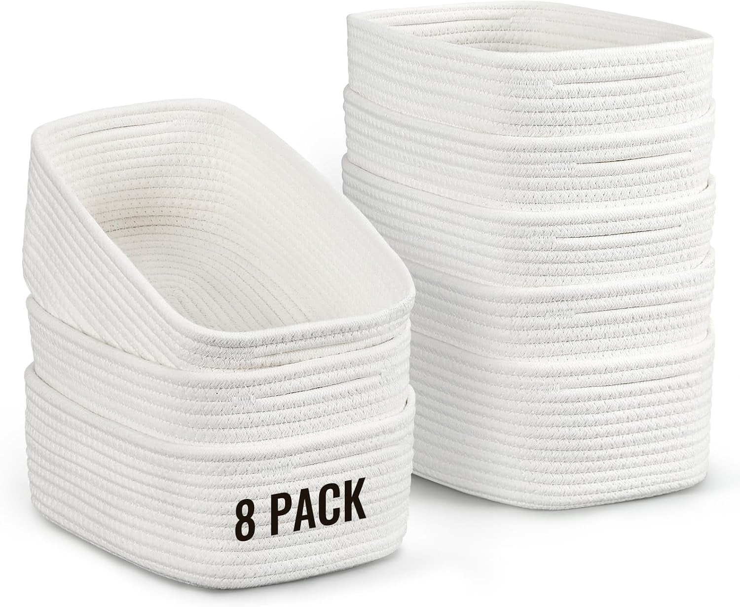 8 Pack Small Storage Baskets for Organizing, Woven Rope Bins for Bathroom, Closet, Shelf Organizer, Cute Cube Decorative Box for Towels, Baby Nursery, Toys, Gift Empty Baskets - 11.5"X7.5"X4.7"-Brown