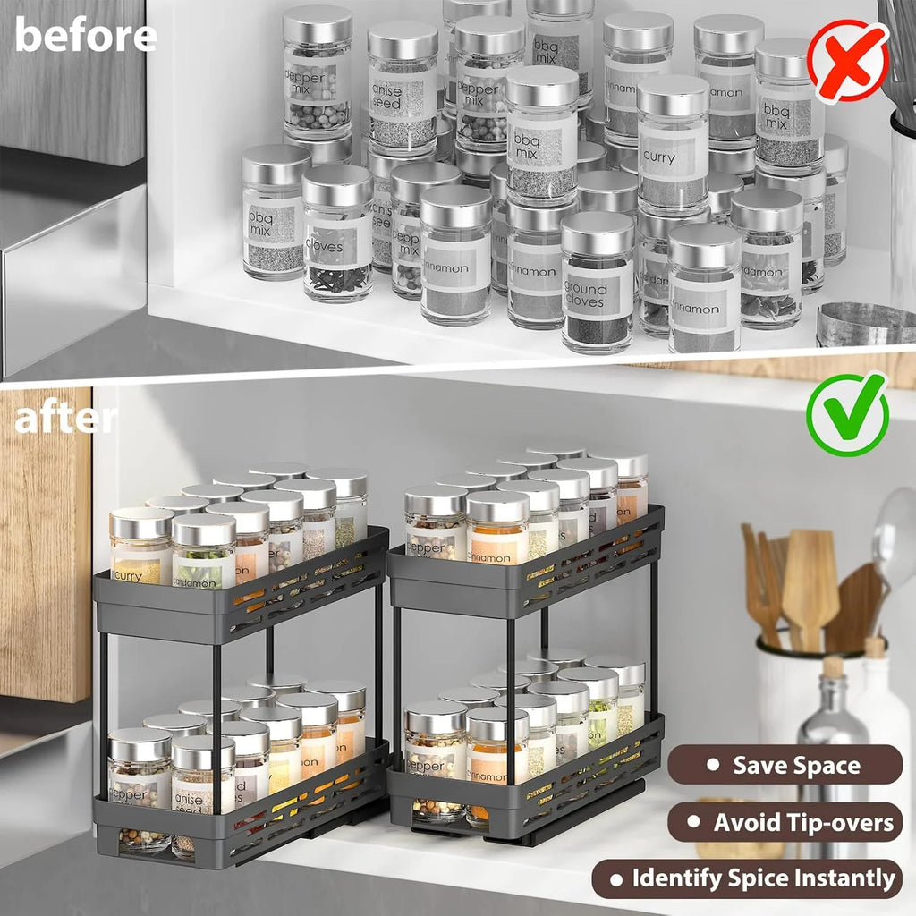 3-Pack 2-Tier Pull-Out Spice Rack Organizer for Cabinets, Slide-Out Spice Storage, Each Tier Holds 10 Jars, Easy to Install (4.33" W x 10.4" D x 8.5" H)