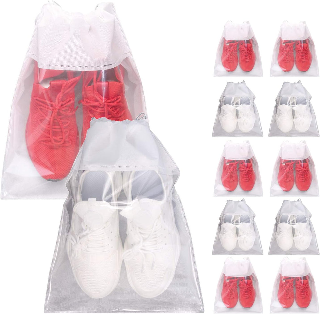 12-Pack Clear Drawstring Shoe Bags for Travel – Large Portable Shoe Pouches for Men & Women (Black)