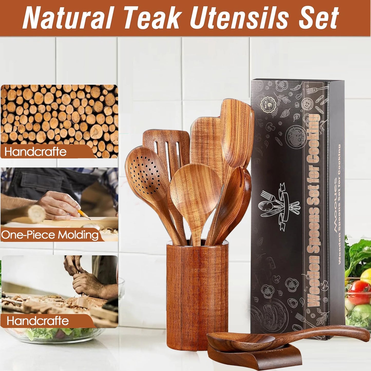 9-Piece Natural Teak Wooden Cooking Utensil Set with Holder & Spoon Rest, Safe for Nonstick Pans & Cookware