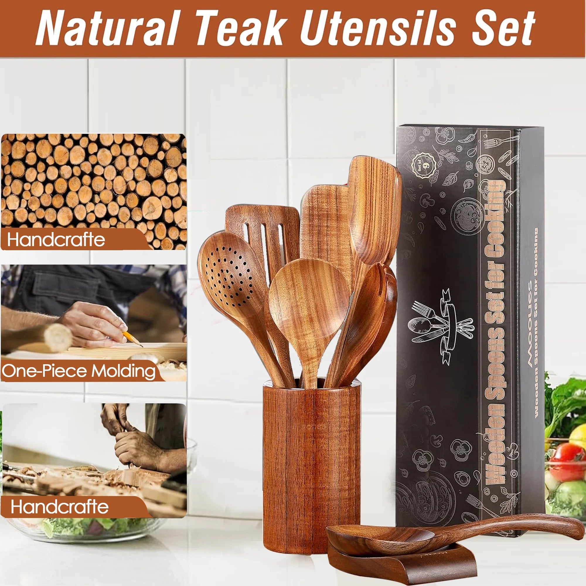 9-Piece Natural Teak Wooden Cooking Utensil Set with Holder & Spoon Rest, Safe for Nonstick Pans & Cookware