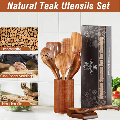 9-Piece Natural Teak Wooden Cooking Utensil Set with Holder & Spoon Rest, Safe for Nonstick Pans & Cookware
