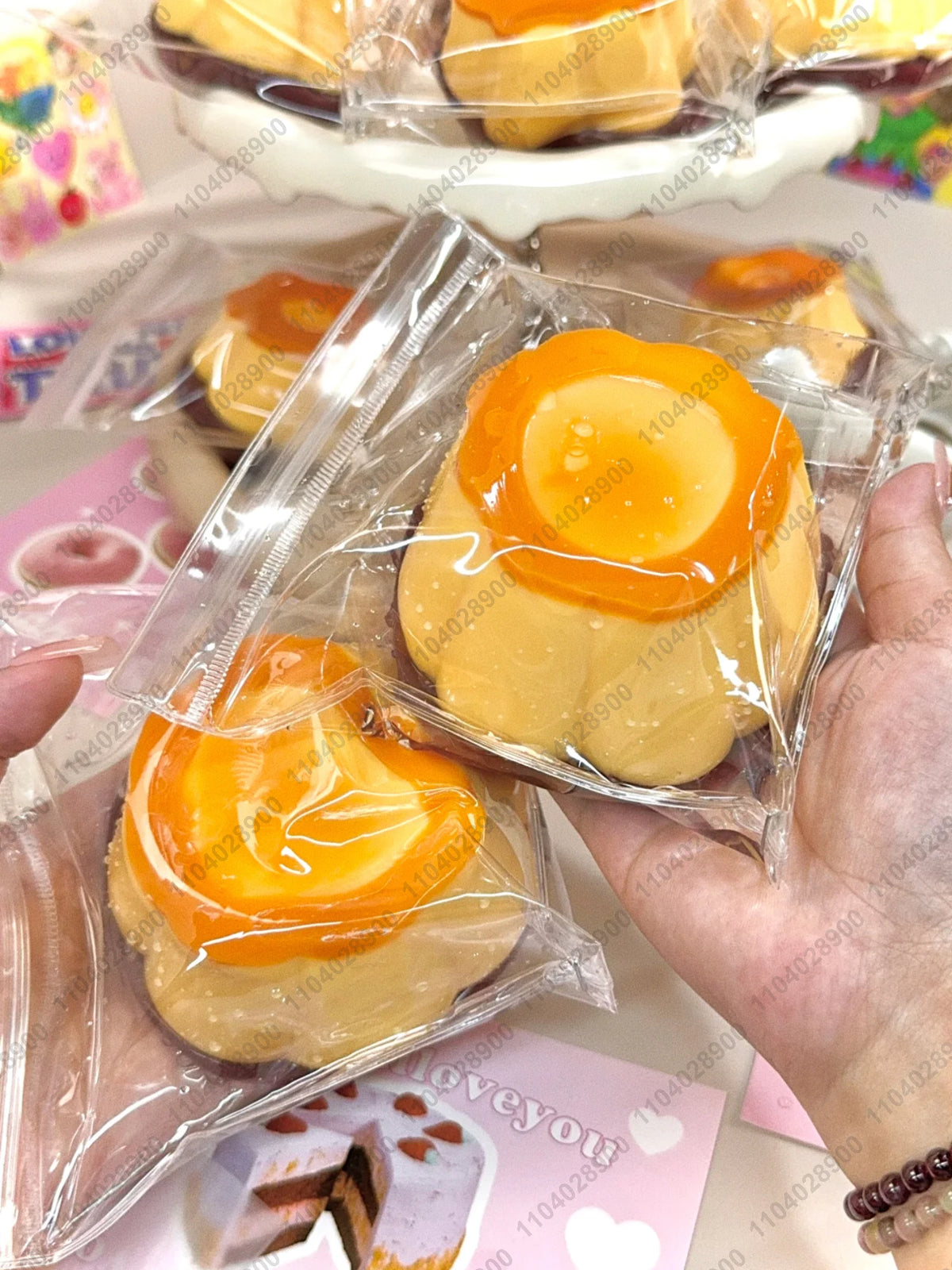 Big caramel pudding squishy with protective pouch and replacement pouch included