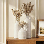 Firehold Ceramic Vase Set of 3, Rustic Home Decor Vases for Modern Farmhouse, White Boho Flower Vases for Shelf, Mantel, Table Decor, Small Decorative Vase for Dried Flowers & Pampas Grass