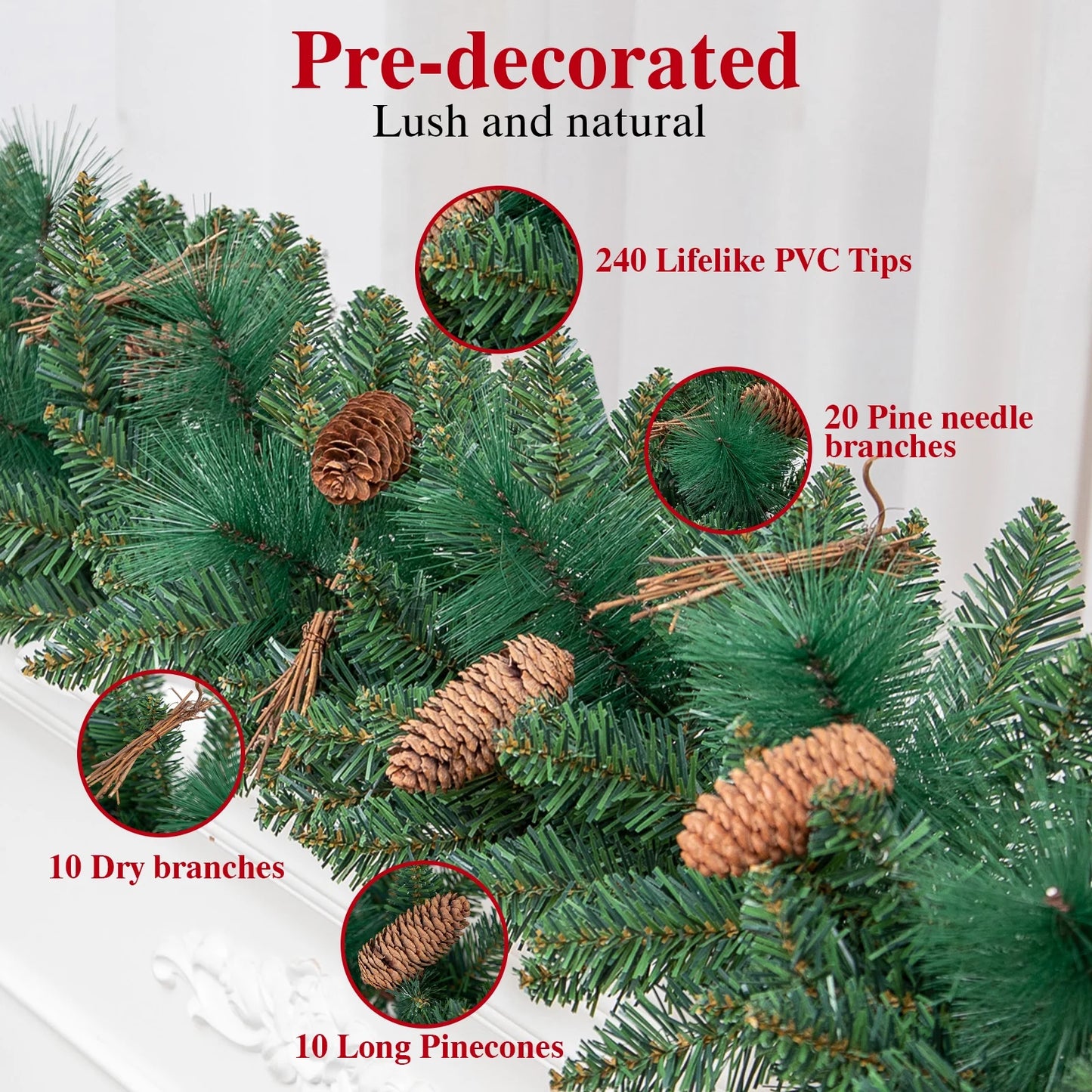 9Ft Pre-Lit Christmas Garland, Green Xmas Garland with Battery Operated LED Lights, Pine Needles Branches Pine Cones Artificial Christmas Decoration Indoor Home Fireplace Front Door