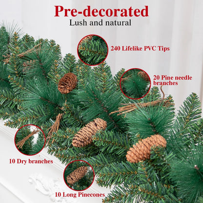 9Ft Pre-Lit Christmas Garland, Green Xmas Garland with Battery Operated LED Lights, Pine Needles Branches Pine Cones Artificial Christmas Decoration Indoor Home Fireplace Front Door
