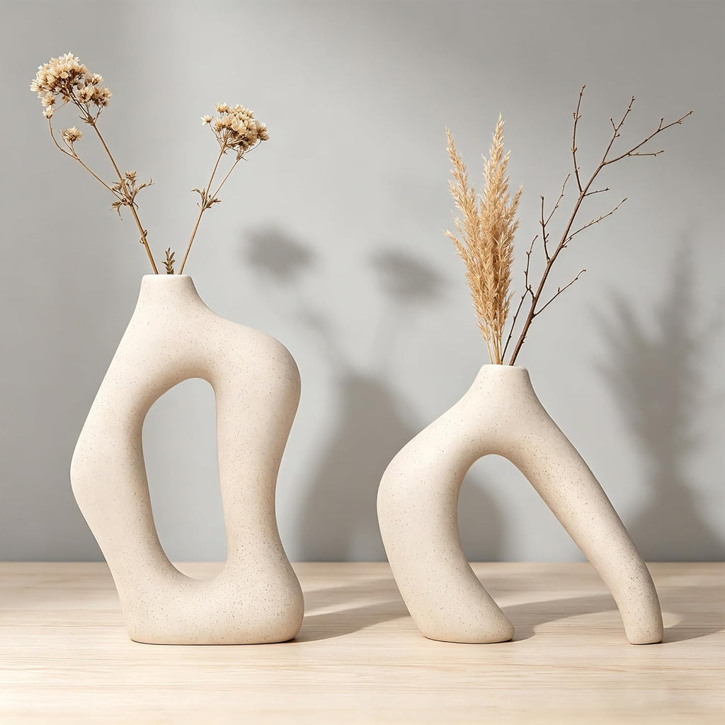 White Ceramic Decorative Vases Set of 2 Modern Home Decor