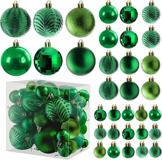  36-Piece Shatterproof Green Christmas Ornaments – 3 Sizes, 6 Styles with Hanging Loops for Tree, Wreath & Holiday Decor