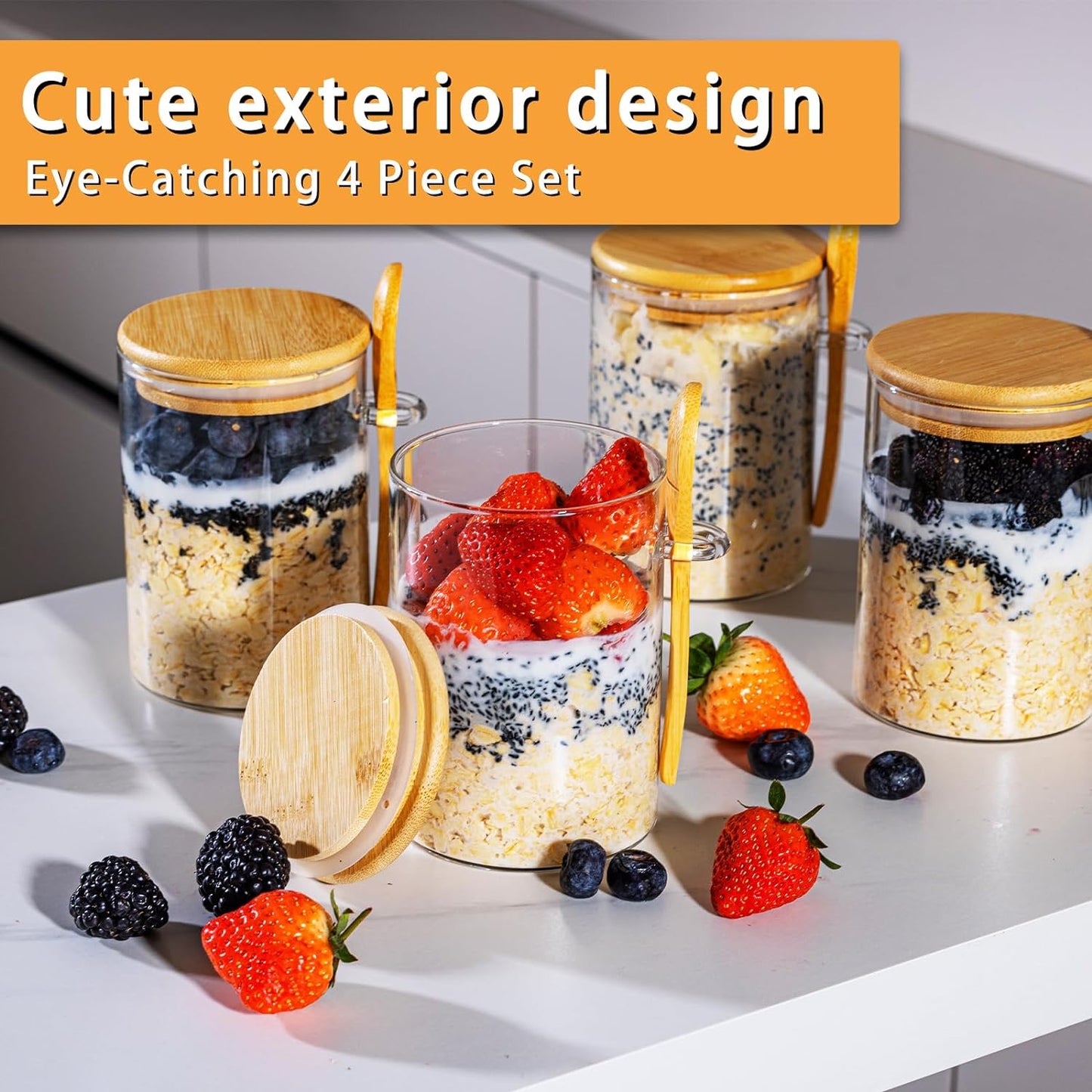 4-Pack 16oz Glass Overnight Oats & Meal Prep Containers with Lids, Oatmeal & Pudding Jars