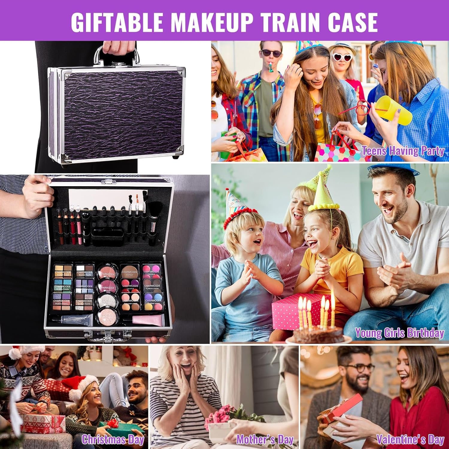 Makeup Kit for Teen Girls & Women, Full Beauty Train Case with Starter Cosmetic Set – Eyeshadow, Lip Gloss, Blush, Highlighter, Brushes & More (Purple)