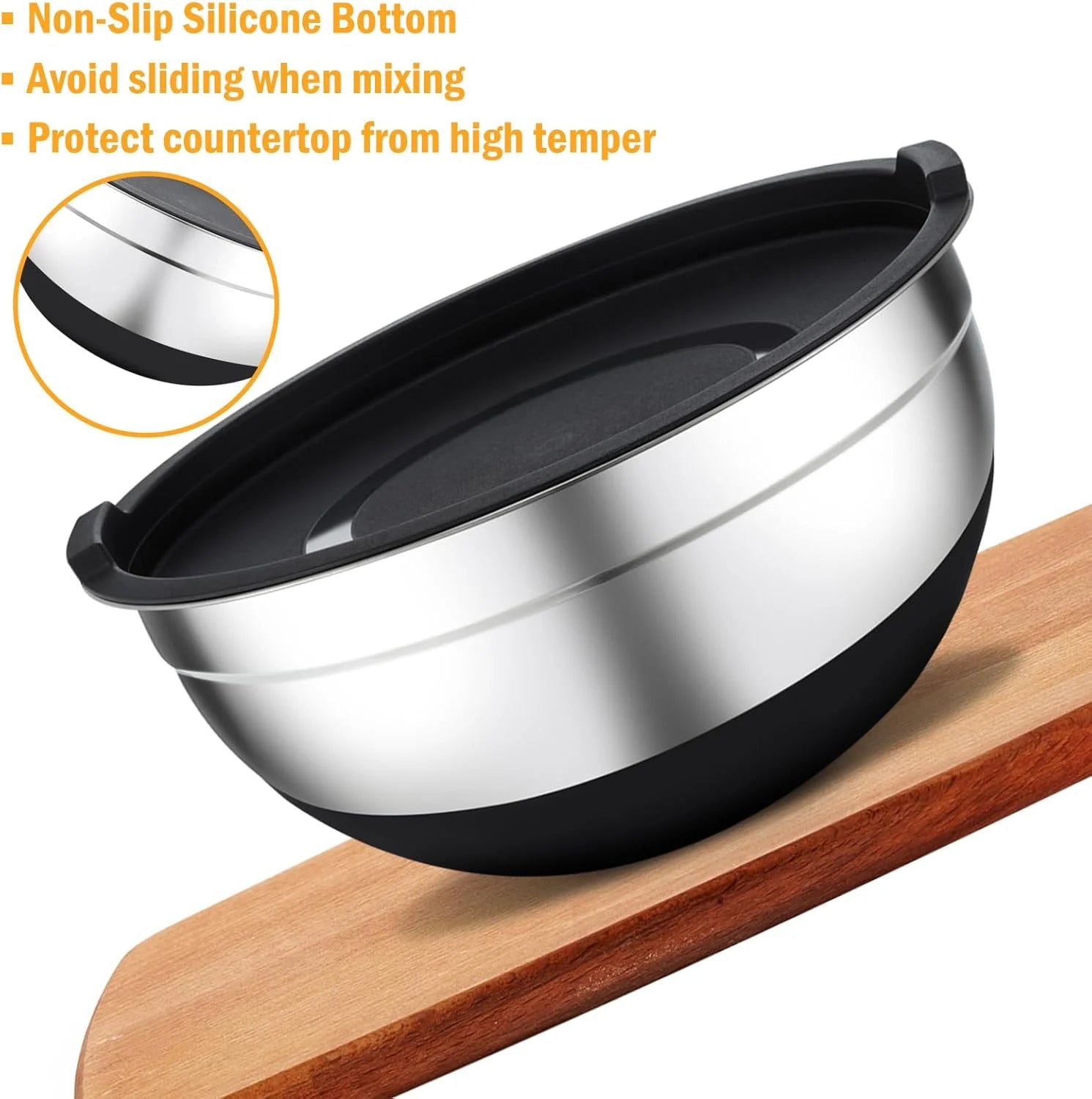 16 Pieces Mixing Bowls with Lids Set, 3 Grater Attachments, Non-Slip Silicone Base Stainless Steel Mixing Bowl Set, Sizes 4.5, 4, 3.5, 2.1, 1.5, 1.1, 0.7 Qt for Kitchen, Black