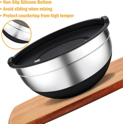 16 Pieces Mixing Bowls with Lids Set, 3 Grater Attachments, Non-Slip Silicone Base Stainless Steel Mixing Bowl Set, Sizes 4.5, 4, 3.5, 2.1, 1.5, 1.1, 0.7 Qt for Kitchen, Black