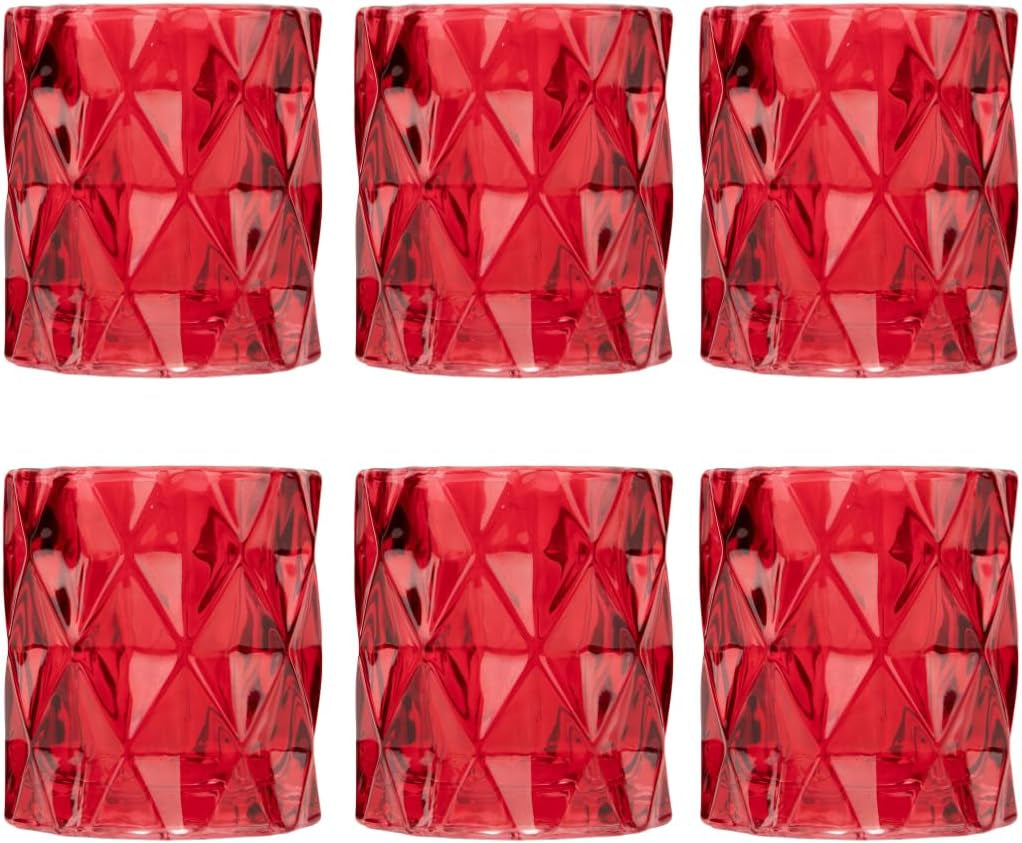 Set of 6 Red Glass Votive Candle Holders, 3" Tall Multifaceted Tealight Holders for Valentine's & Galentine's Day Decor