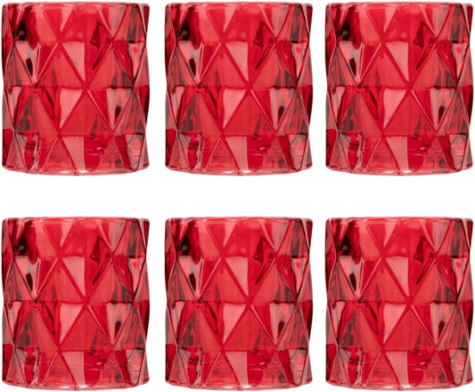 Set of 6 Red Glass Votive Candle Holders, 3" Tall Multifaceted Tealight Holders for Valentine's & Galentine's Day Decor