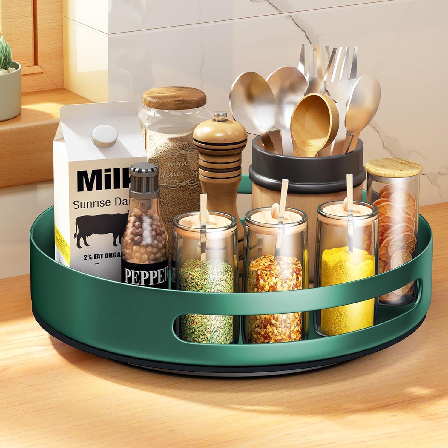 10" Dark Green Metal Lazy Susan Turntable, Rotating Spice Rack Organizer for Pantry, Cabinet & Table