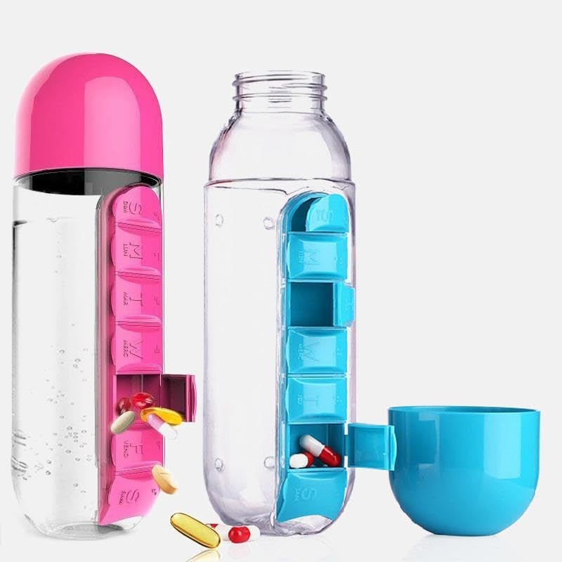 600ml water bottle and pill organizer combination for travel and outdoor use