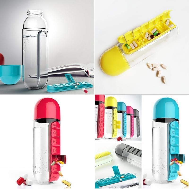 Black water bottle with detachable seven compartment medicine organizer