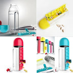 Black water bottle with detachable seven compartment medicine organizer