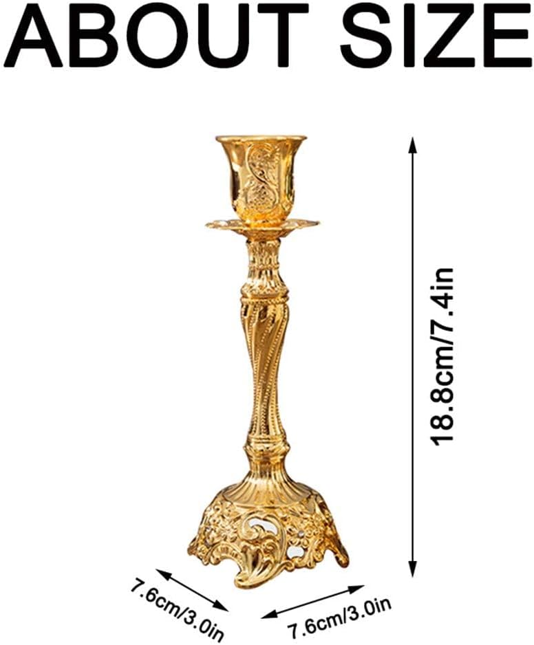 Set of 2 Gold Taper Candle Holders, 7.4" Ornate Candlesticks for Shabbat, Weddings, Christmas & Centerpieces