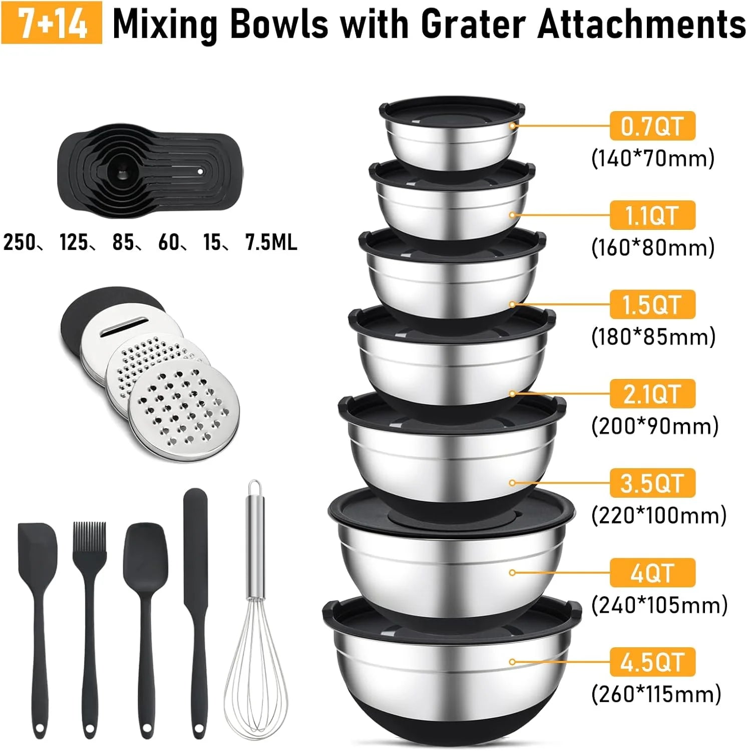 16 Pieces Mixing Bowls with Lids Set, 3 Grater Attachments, Non-Slip Silicone Base Stainless Steel Mixing Bowl Set, Sizes 4.5, 4, 3.5, 2.1, 1.5, 1.1, 0.7 Qt for Kitchen, Black