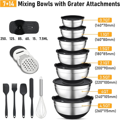 16 Pieces Mixing Bowls with Lids Set, 3 Grater Attachments, Non-Slip Silicone Base Stainless Steel Mixing Bowl Set, Sizes 4.5, 4, 3.5, 2.1, 1.5, 1.1, 0.7 Qt for Kitchen, Black