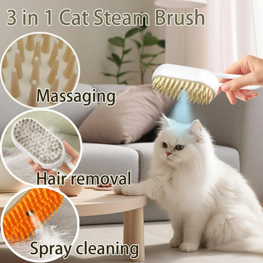 3-in-1 Pet Grooming Steam Brush for Cats & Dogs, Hair Removal Comb with Spray for Long & Short Hair (Gray)