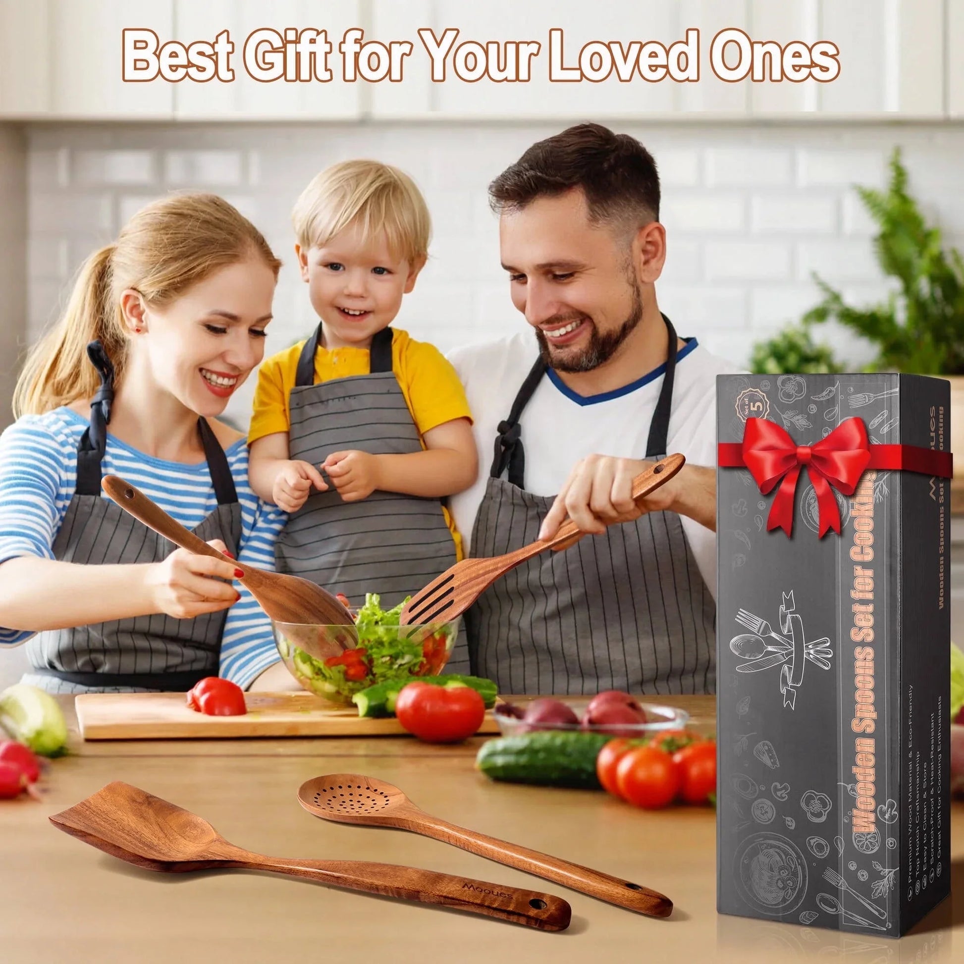 9-Piece Natural Teak Wooden Cooking Utensil Set with Holder & Spoon Rest, Safe for Nonstick Pans & Cookware