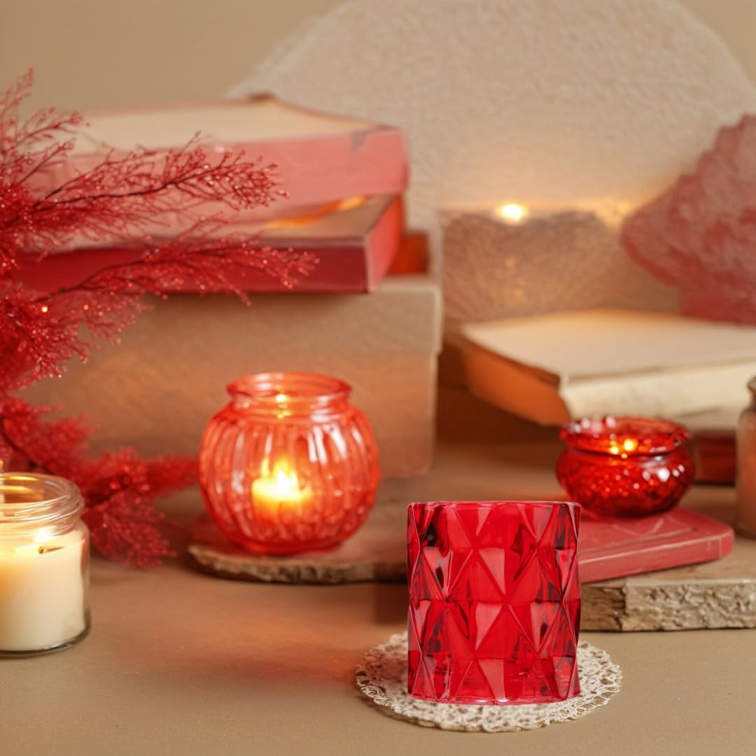 Set of 6 Red Glass Votive Candle Holders, 3" Tall Multifaceted Tealight Holders for Valentine's & Galentine's Day Decor