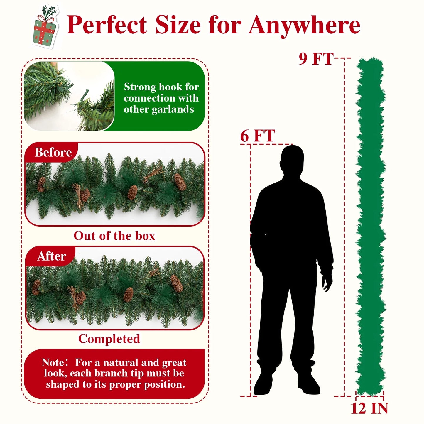 9Ft Pre-Lit Christmas Garland, Green Xmas Garland with Battery Operated LED Lights, Pine Needles Branches Pine Cones Artificial Christmas Decoration Indoor Home Fireplace Front Door