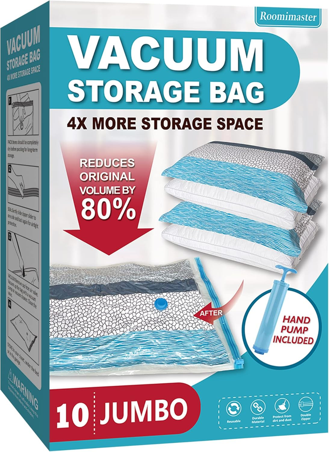 10 Large Vacuum Storage Bags with Hand Pump – Space Saver Bags for Clothes, Blankets, Comforters & Travel Luggage