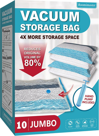 10 Large Vacuum Storage Bags with Hand Pump – Space Saver Bags for Clothes, Blankets, Comforters & Travel Luggage