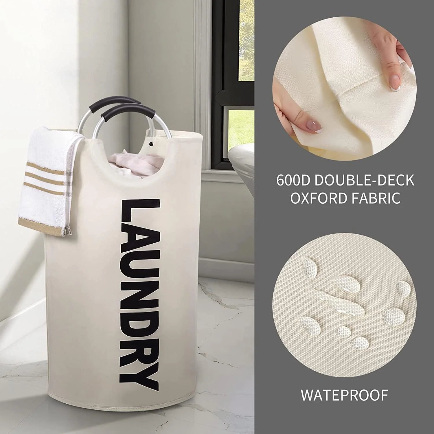 82L Large Laundry Basket Beige Collapsible Hamper with Handles Double Layer Waterproof Fabric Dirty Clothes Basket Foldable Freestanding Bin Laundry