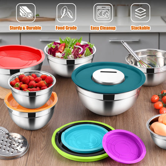 35-Piece Stainless Steel Nesting Mixing Bowl Set with Lids, 7 Sizes with 3 Graters & Kitchen Utensils for Mixing, Serving & Grating, Multi-Color