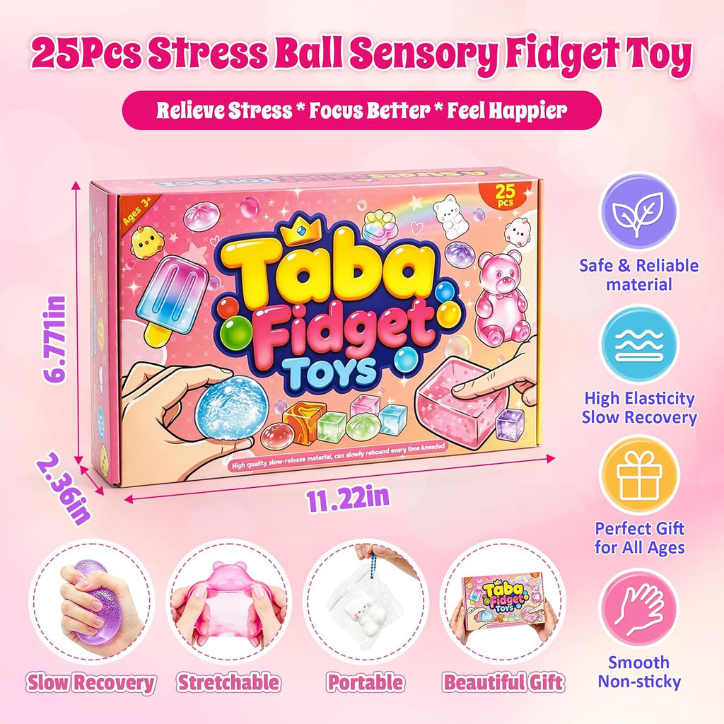 25 assorted Taba squishy toys including coconut oil, popsicle, bear, and cube shapes