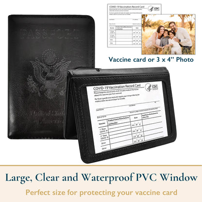 Passport Holder – RFID Blocking Travel Wallet with Cash & Vaccine Card Holder, Waterproof PU Leather Passport Case for Men & Women (Black)