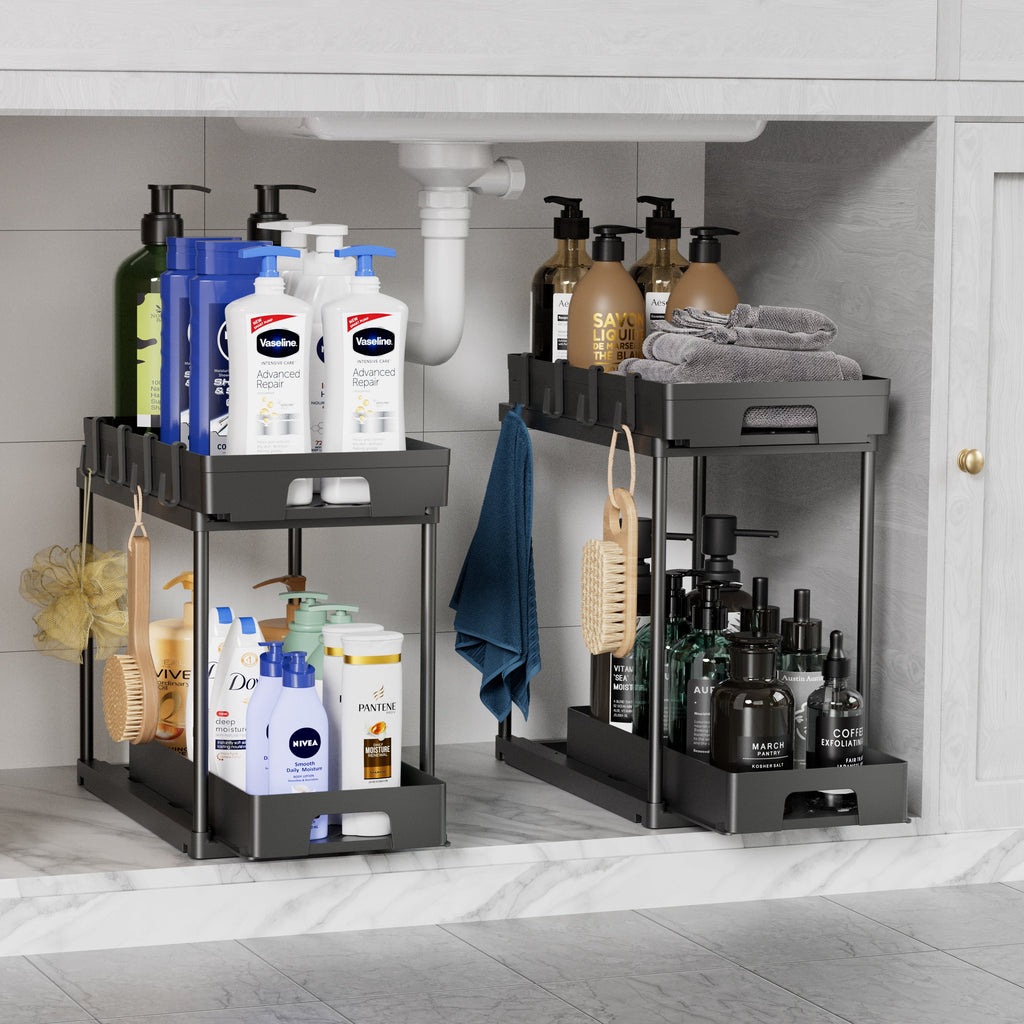 2 Pack under Sink Organizers and Storage, Pull Out Trash Can under Cabinet, 2 Tier Bin Organizer with Hooks and Haning Cups, Multi-Purpose Sliding under Cabinet Organizer