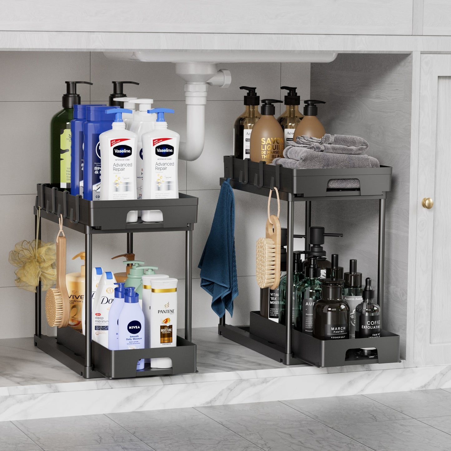 2 Pack under Sink Organizers and Storage, Pull Out Trash Can under Cabinet, 2 Tier Bin Organizer with Hooks and Haning Cups, Multi-Purpose Sliding under Cabinet Organizer