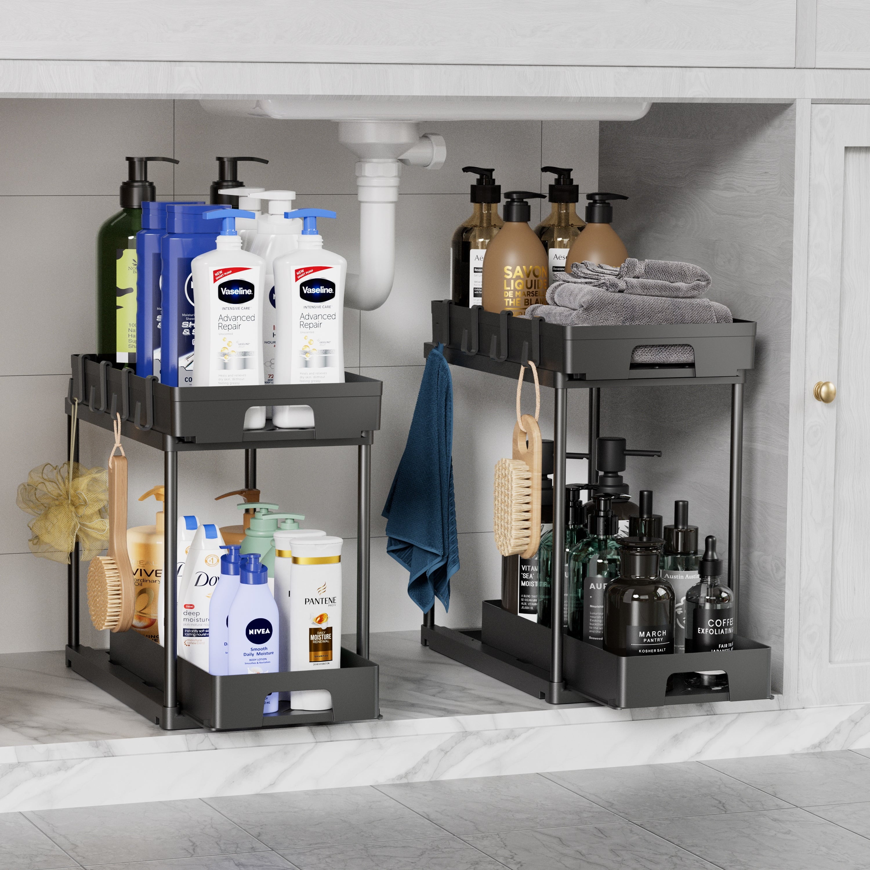2 Pack under Sink Organizers and Storage, Pull Out Trash Can under Cabinet, 2 Tier Bin Organizer with Hooks and Haning Cups, Multi-Purpose Sliding under Cabinet Organizer